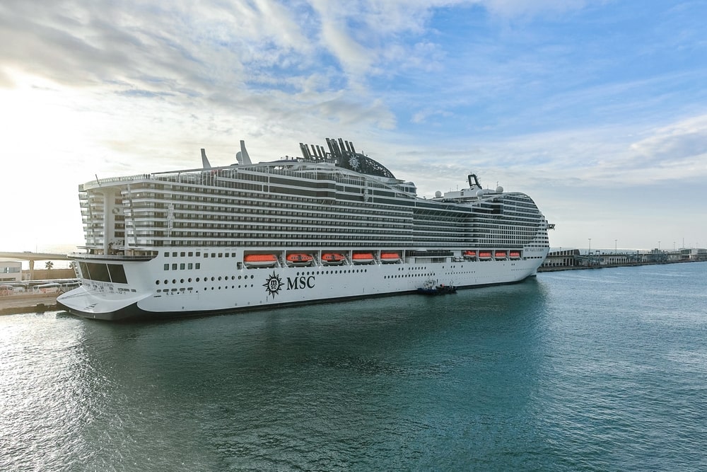 MSC WORLD EUROPA cruise ship traveling over blue sea