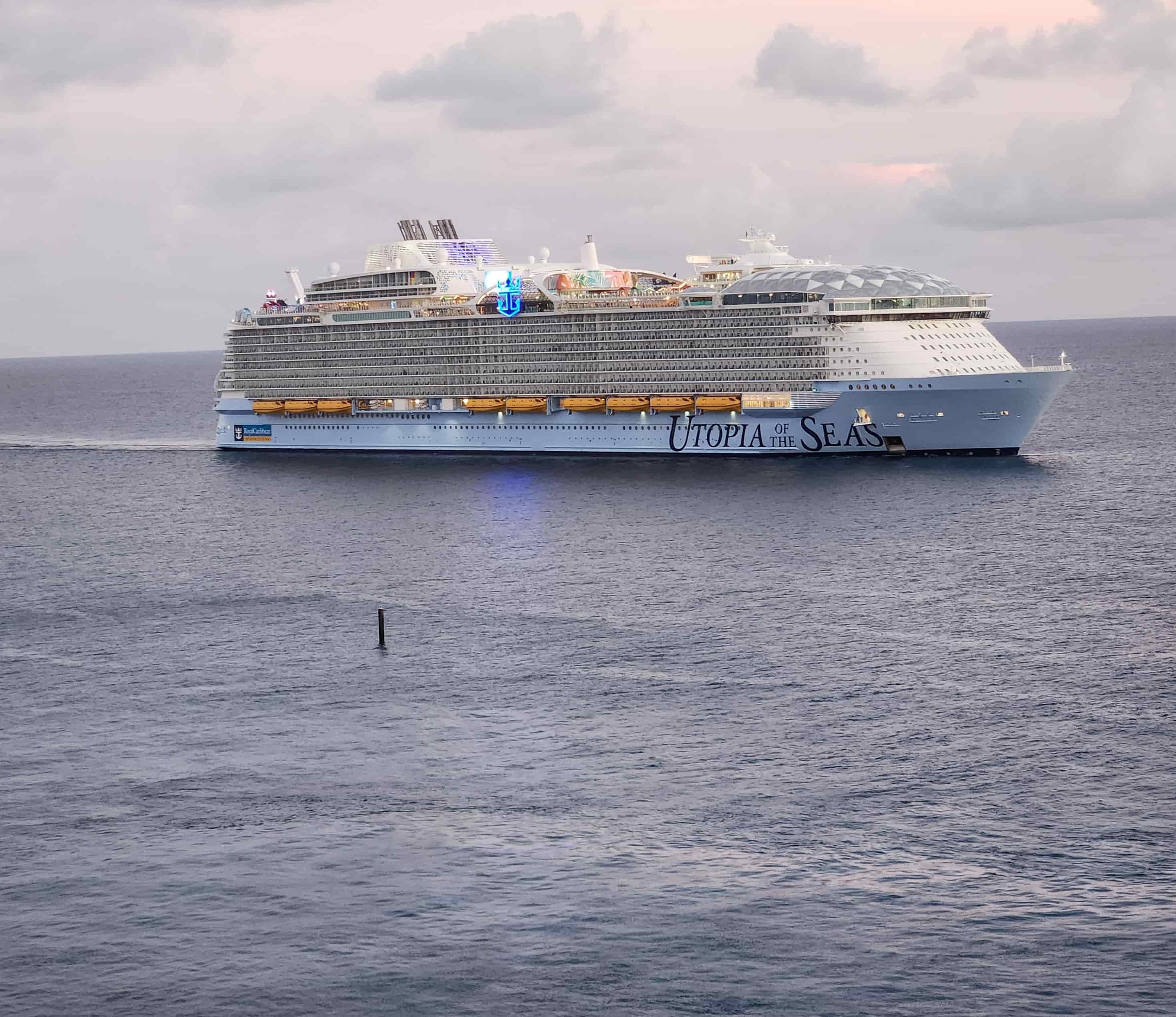 Utopia of the Seas pulling into port at CocoCay