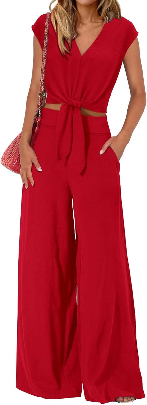 Causal Belted Crop Tops Wide Leg Pant Sets